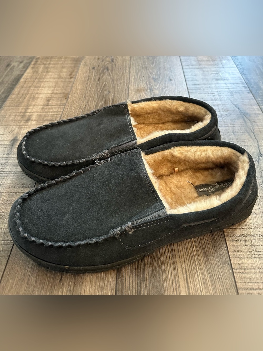 Eddie Bauer Mens 9.5/10.5 Black Suede Fleece Lined Slipper Loafers NWOT